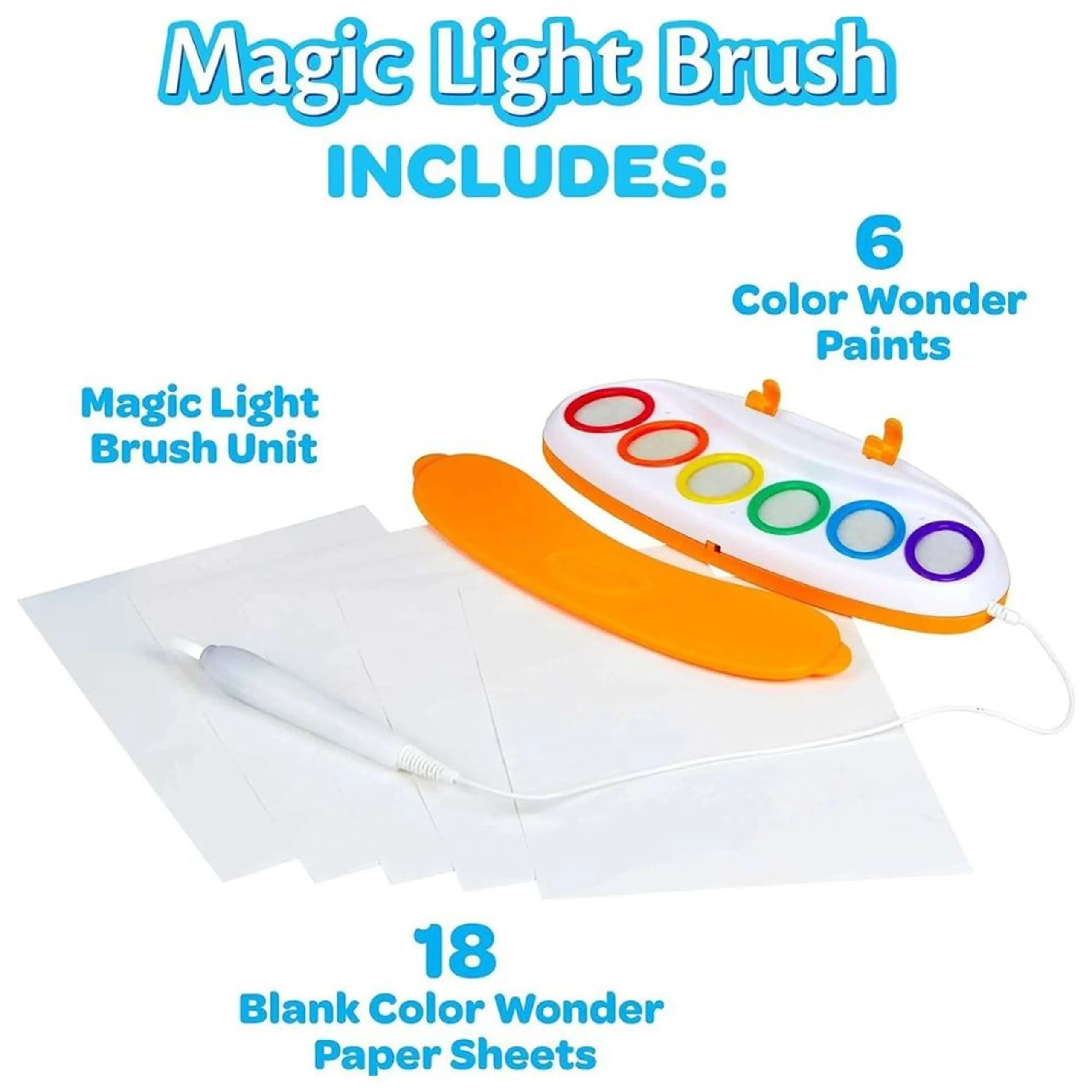 Color Wonder Magic Light Brush Kit - 1 Magic Light Brush 6 washable Color Wonder Paints 18 Color Wonder Sheets