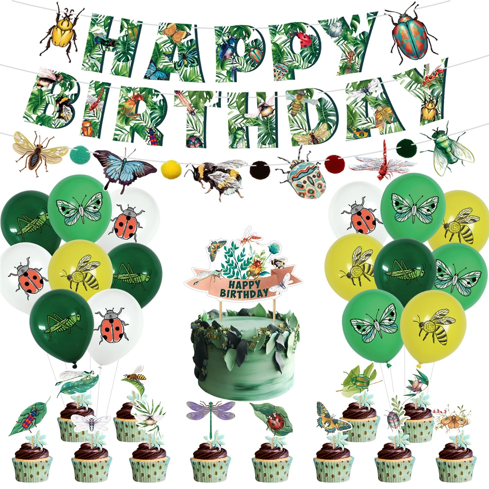ptecdrots Bug Party Decorations - 1 x HAPPY BIRTHDAY banner 1 x bug theme banner 13 x cake toppers 18 x insect balloons Birthday