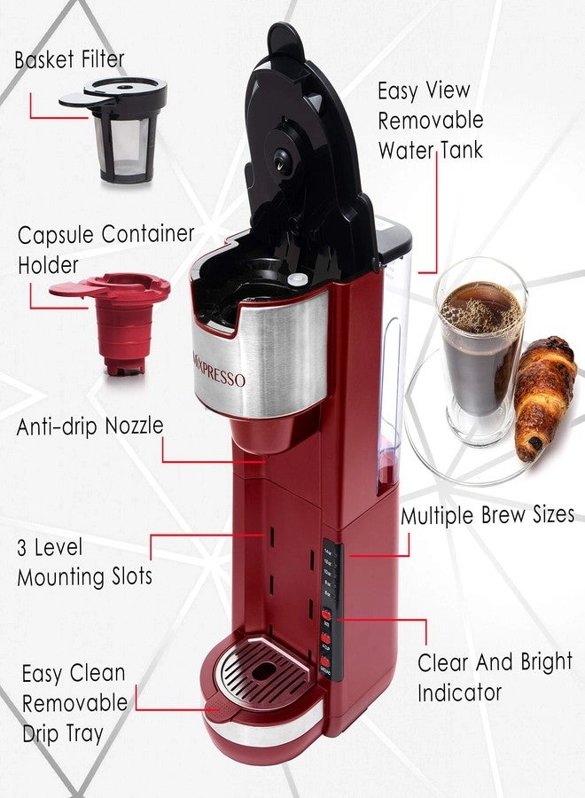 Single Serve Brewer - KCup Compatible Adjustable Drip Tray 5 Brew Sizes
