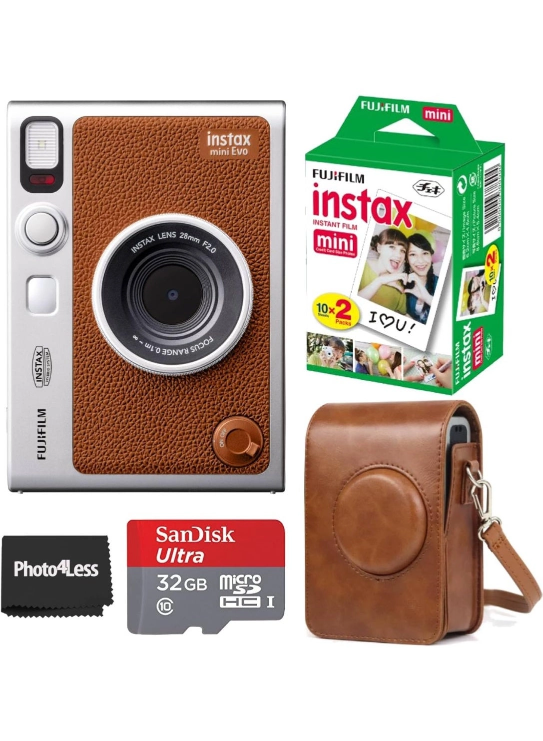 Instax Mini EVO - Brown + Instax Mini Instant Film Sheets - 60 Sheets + microSD Memory Card - 32GB + Small Padded Carrying Case + SD Card Reader + Microfiber Cleaning Cloth