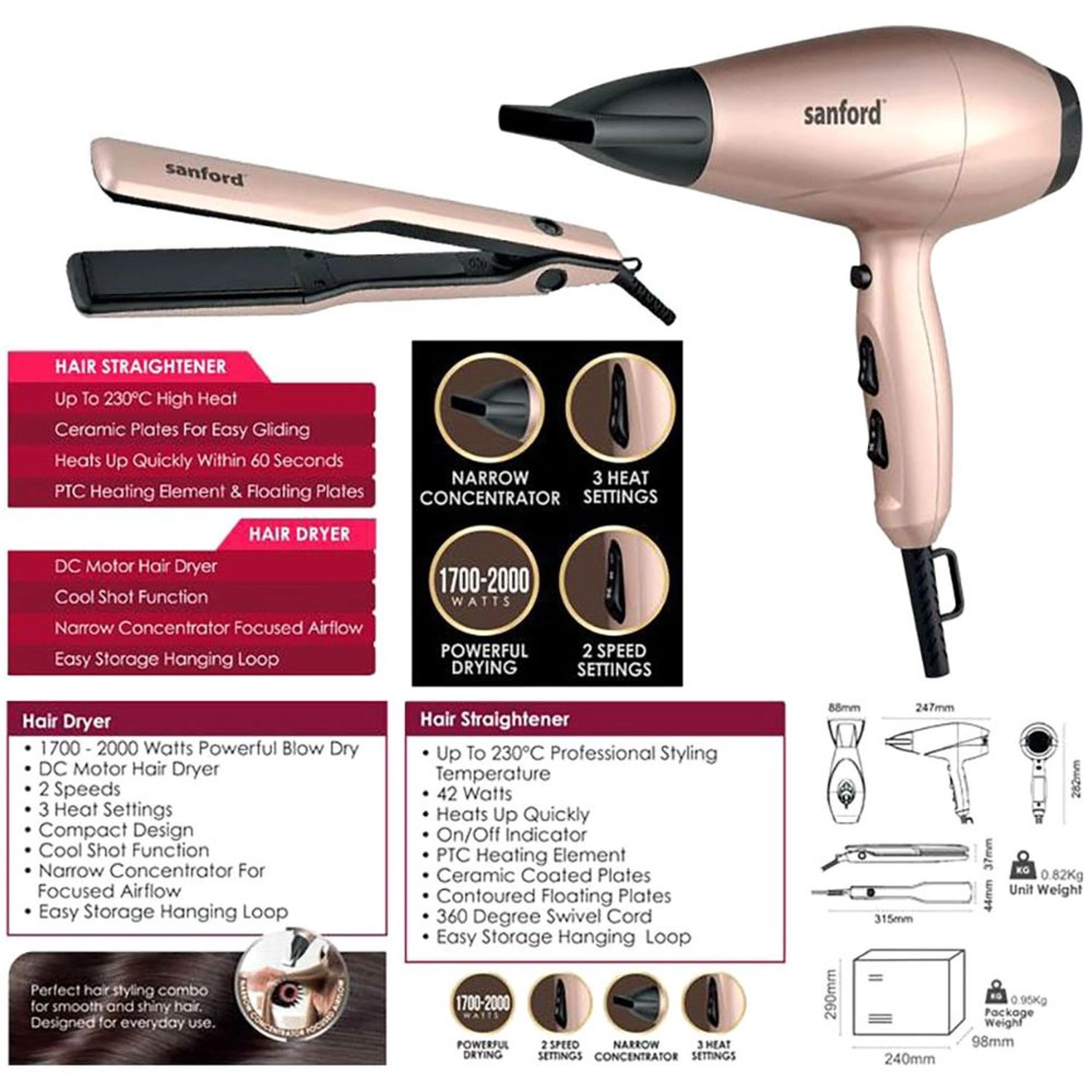 Hair Dryer - 42 Watts + Straightener - Ceramic plates