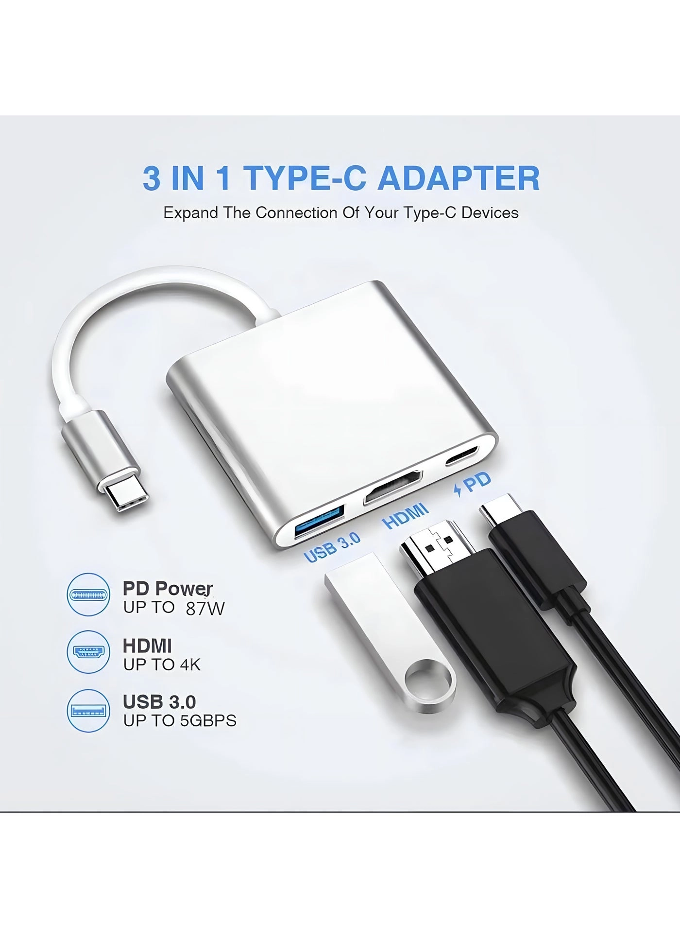 3-In-1 Type C To HDMI Adapter HUB - 4K UHD USB3.0 USBC Power Delivery