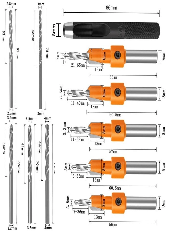 Tapered Countersink Drill Bits - #45 Carbon Steel 10Pcs 8mm
