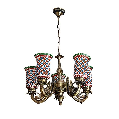 Indian Mosaic Glass 5 Lights Chandelier - Multi-colored Brass 28 x 22 Inch
