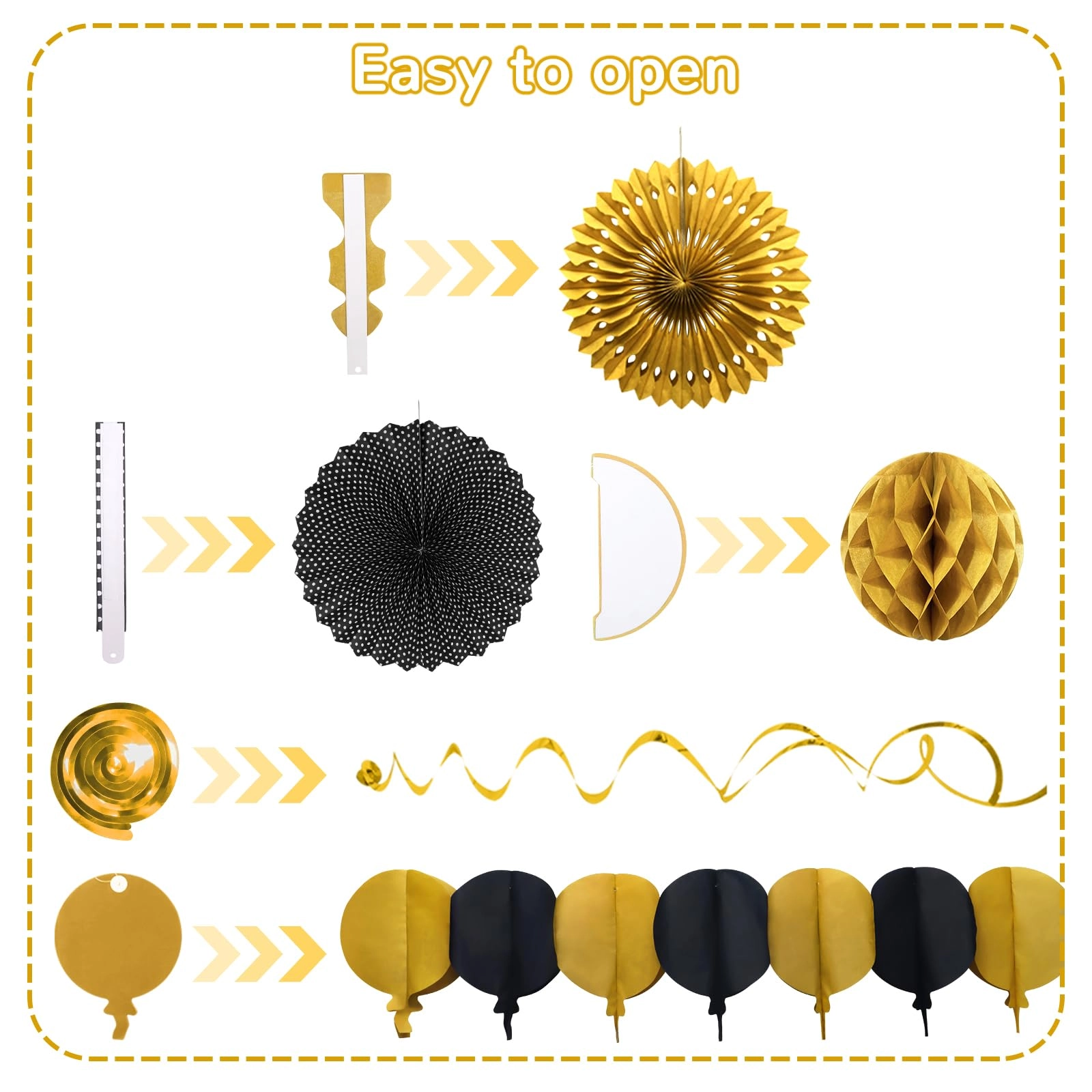 Paper Fan Honeycomb Ball Garland - 6 x Hanging Paper Fan 6 x Paper Honeycomb Ball 4 x Paper Hollow Fan 1 x Paper Balloon Garland 1 x Circle Paper Garland 10 x Hanging Swirl 1 x Triangular Pennant Anniversary
