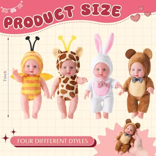 Mini Reborn Baby Doll - 7 inch Polyvinyl Chloride 4 Pcs Gift Set Ages 3+