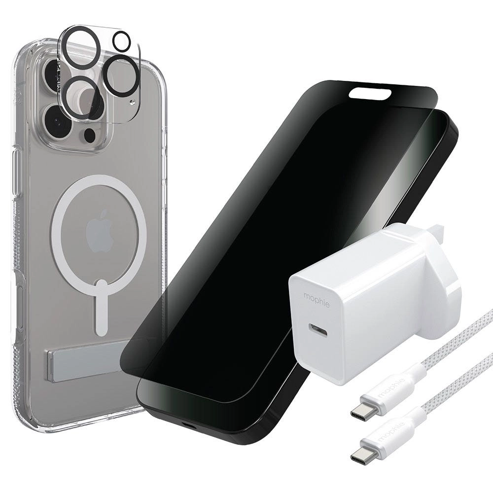 ZAGG Crystal Clear Case - Kickstand + Anti-Glare Screen Protector + Elite Camera Lens Protector + 20W USB-C PD Wall Charger + 2M USB-C to USB-C Cable for iPhone 16 Pro Max