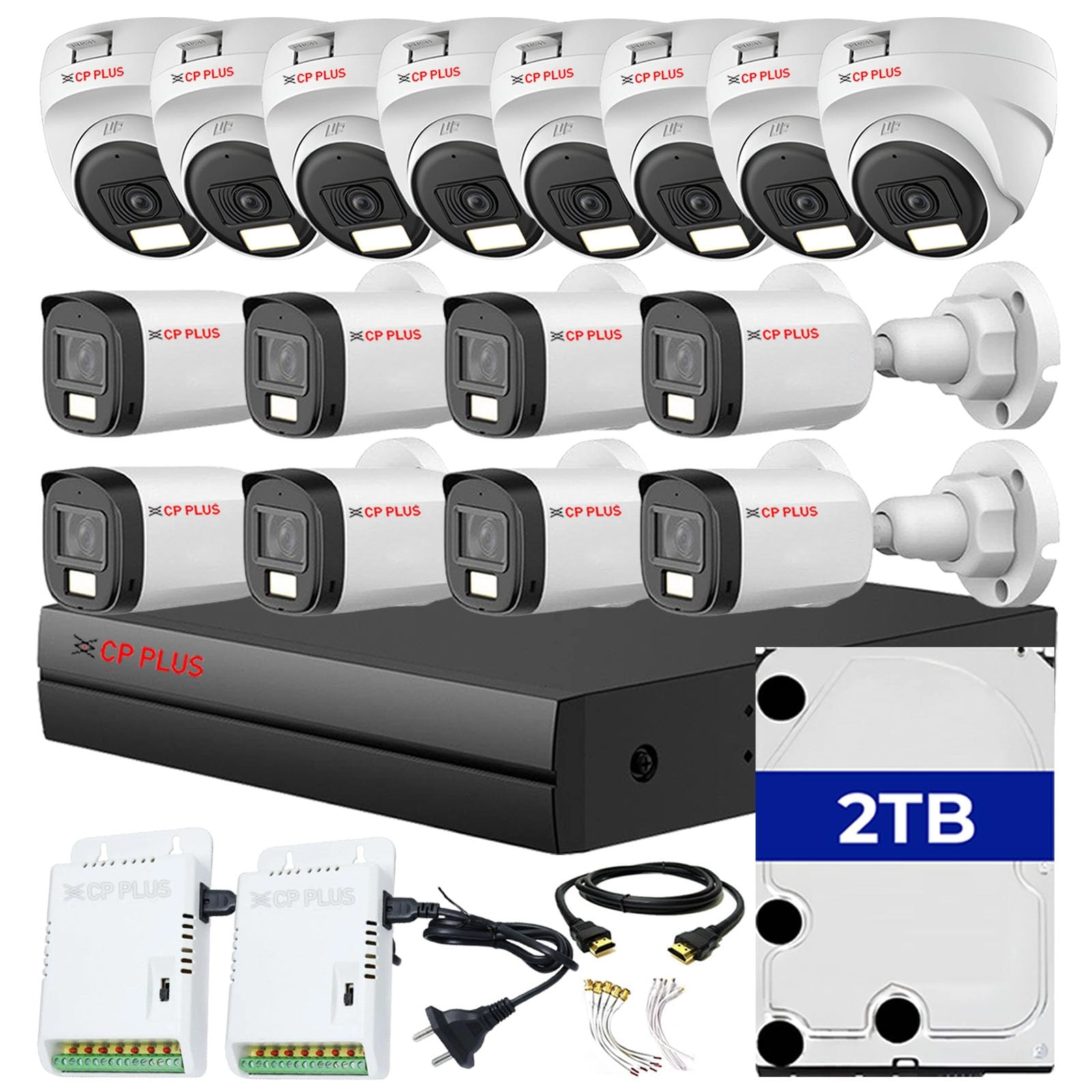 Aditya Infotech Limited 16 Channel Turbo HD DVR + 2 MP Outdoor CCTV Camera + 2 MP Indoor CCTV Camera + 8 Channel Power Supply + Hard Drive - 2TB