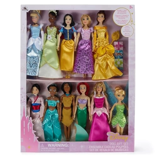 Snow White Doll + Cinderella Doll + Aurora Doll + Ariel Doll + Belle Doll + Jasmine Doll + Pocahontas Doll + Mulan Doll + Tiana Doll + Rapunzel Doll + Tinker Bell Doll - Ages 3+