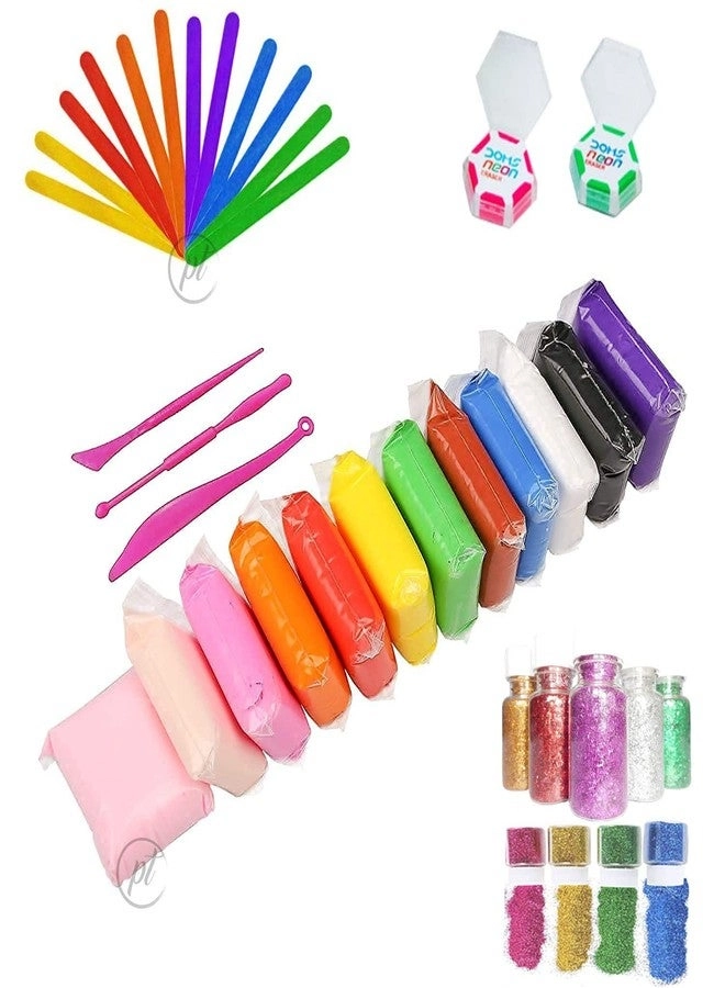PT Air Dry Clay + Eraser + Glitter + Popsicle Sticks + Stickers - 12 pc