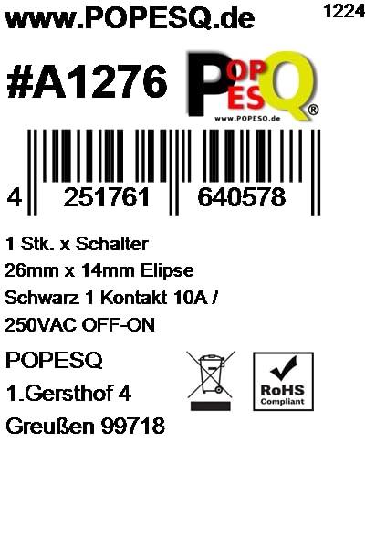 Elipse 10A 1-Contact Switch - 250V 25mm x 14mm