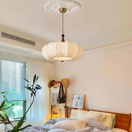 Drum Shape Bronze Retro Chandelier - 5 Light White Fabric Shade Adjustable Height