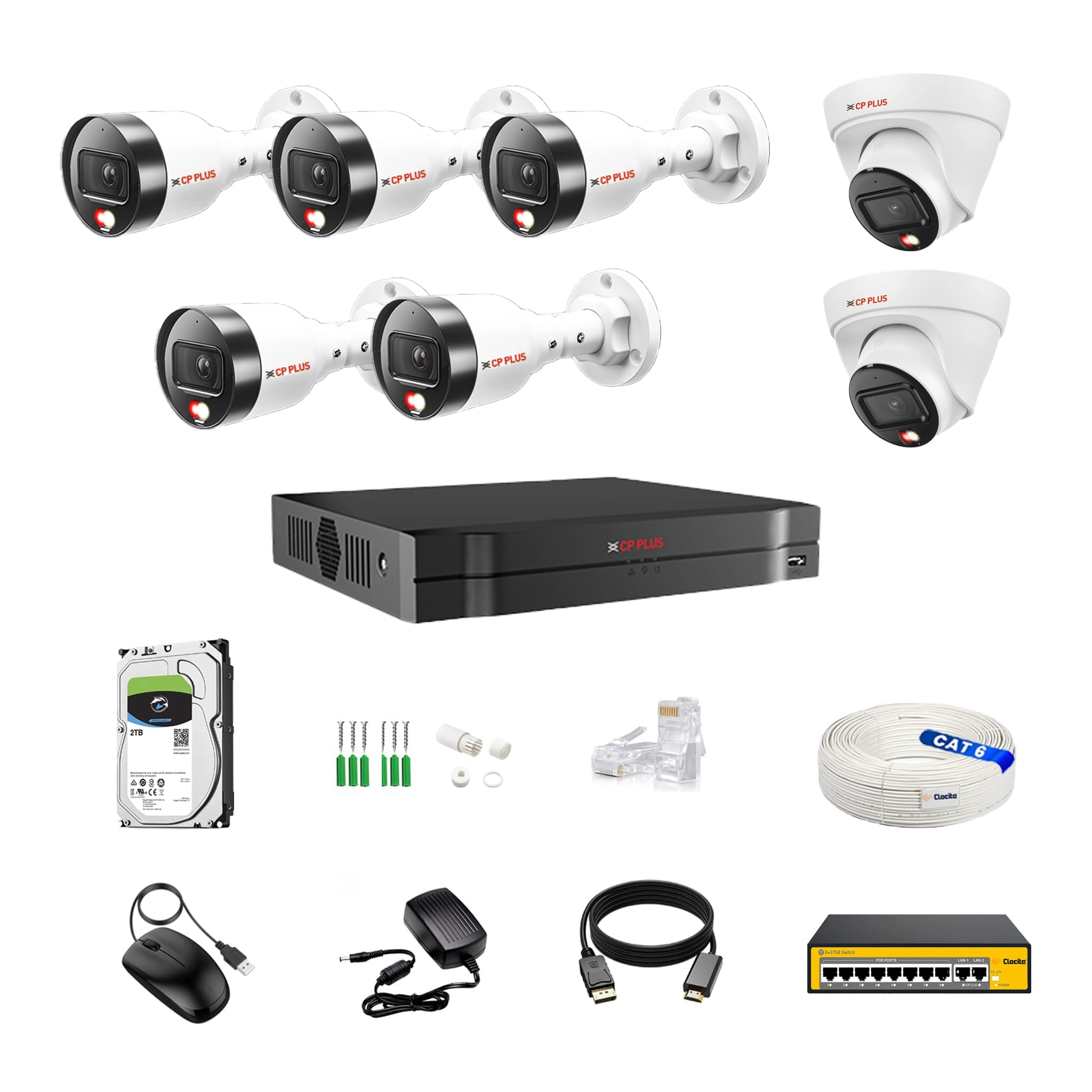 Aditya Infotech Ltd IP illumax 8 CH AI NVR + 4MP 2 Dome 5 Bullet IP Cameras + 2 TB HDD + 8+2 POE Switch + CAT 6 Cable