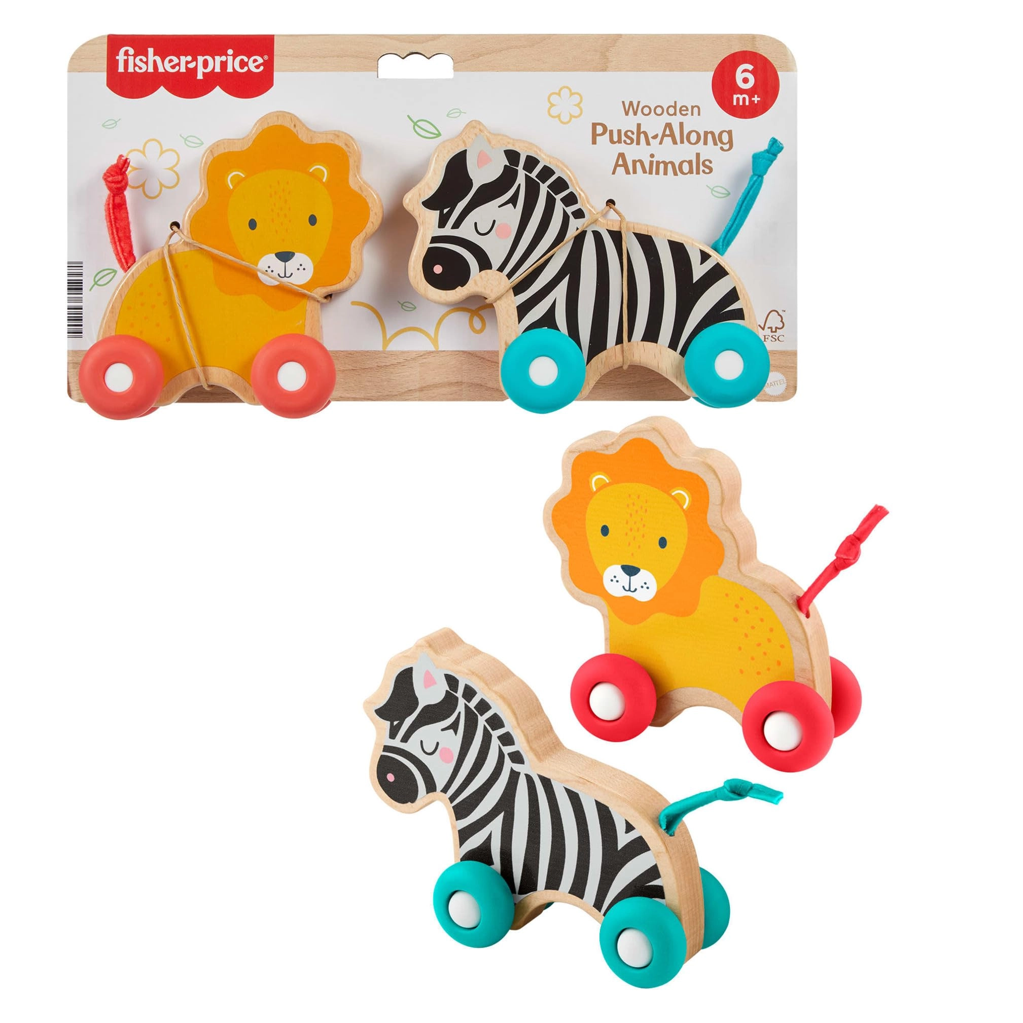 Mattel Wood Baby Toys Push-Along Animals - Set of 2 Lion Zebra