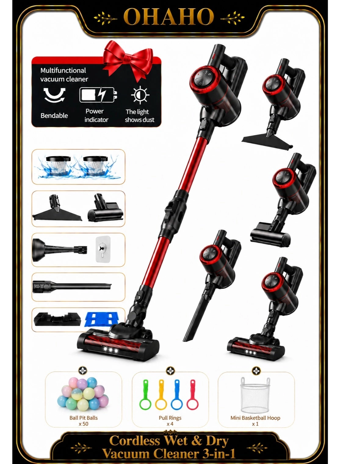 OHAHO Cordless Wet & Dry Vacuum Cleaner 3-in-1