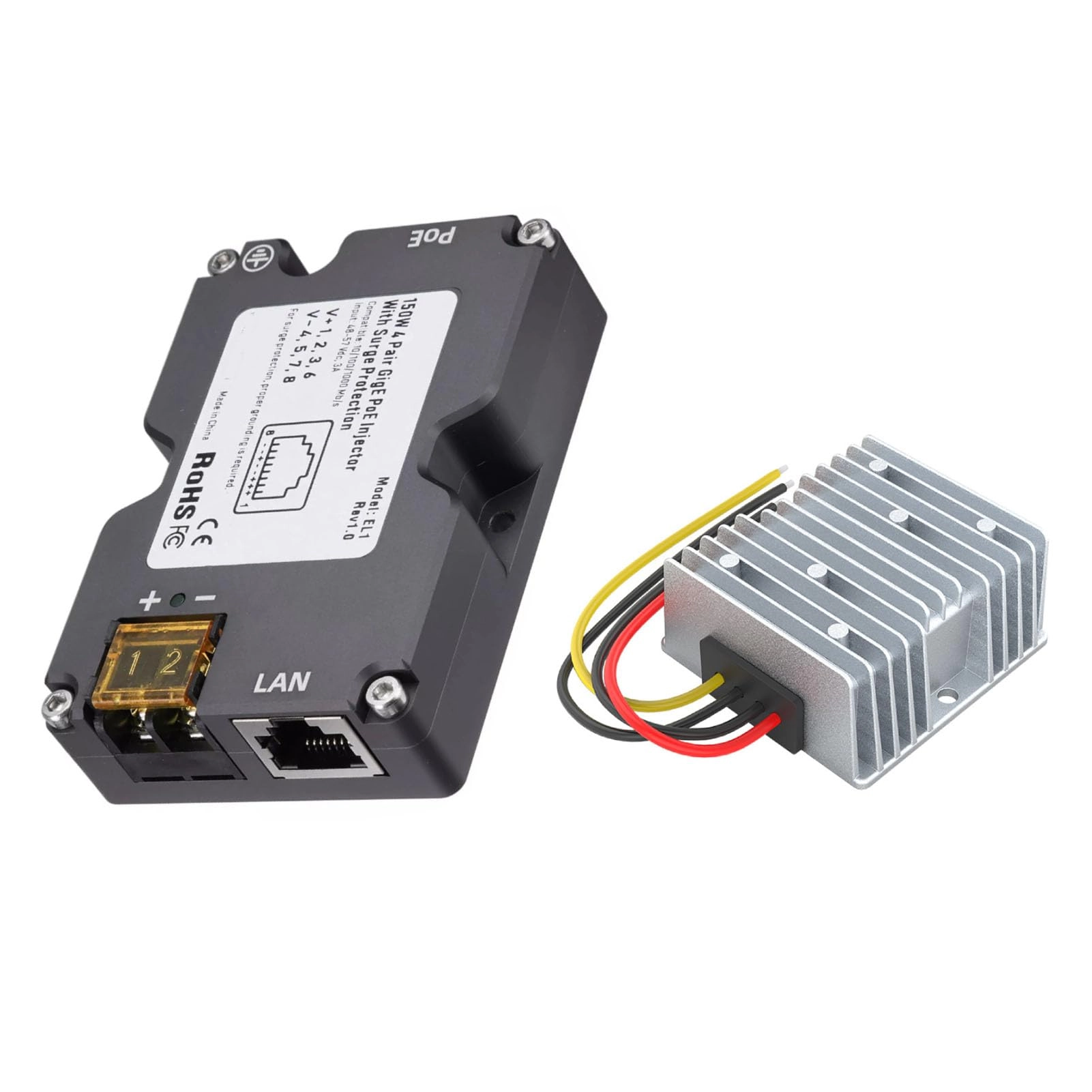 Badafaci PoE Injector - 150W GigE + DC Step Up Converter - 12V to 48V 144W