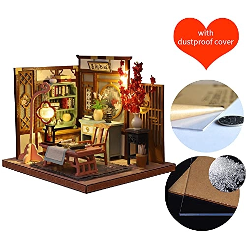 3D Wooden Miniature Doll House Kit - Painting and Calligraphy Room With Dust Cover 1:24
