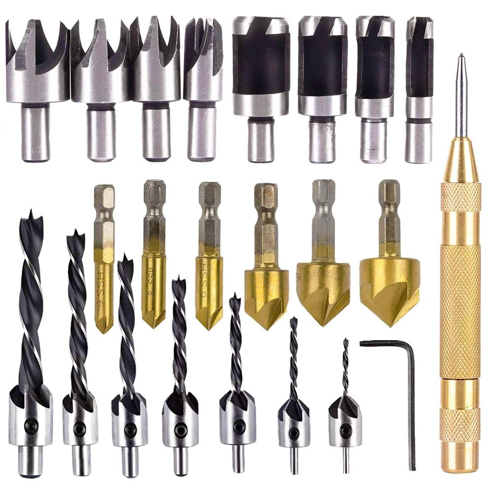 Rocaris Chamfer Drilling Tool - 23pcs + 5 Flute Countersink Drill Bits - 6pcs + Three Pointed Countersink Drill Bit - 7pcs + Wood Plug Cutter - 8pcs + Automatic Center Punch - 1pcs