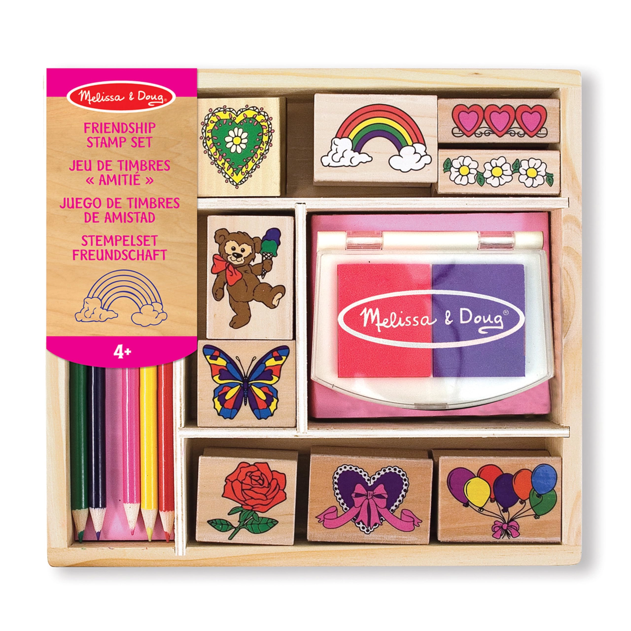 Melissa & Doug Friendship Stamp Set - 15 piece(s) 9 colourful themed kids stamps, 2 ink pads for stamping 5 coloured pencils, sturdy wooden tray