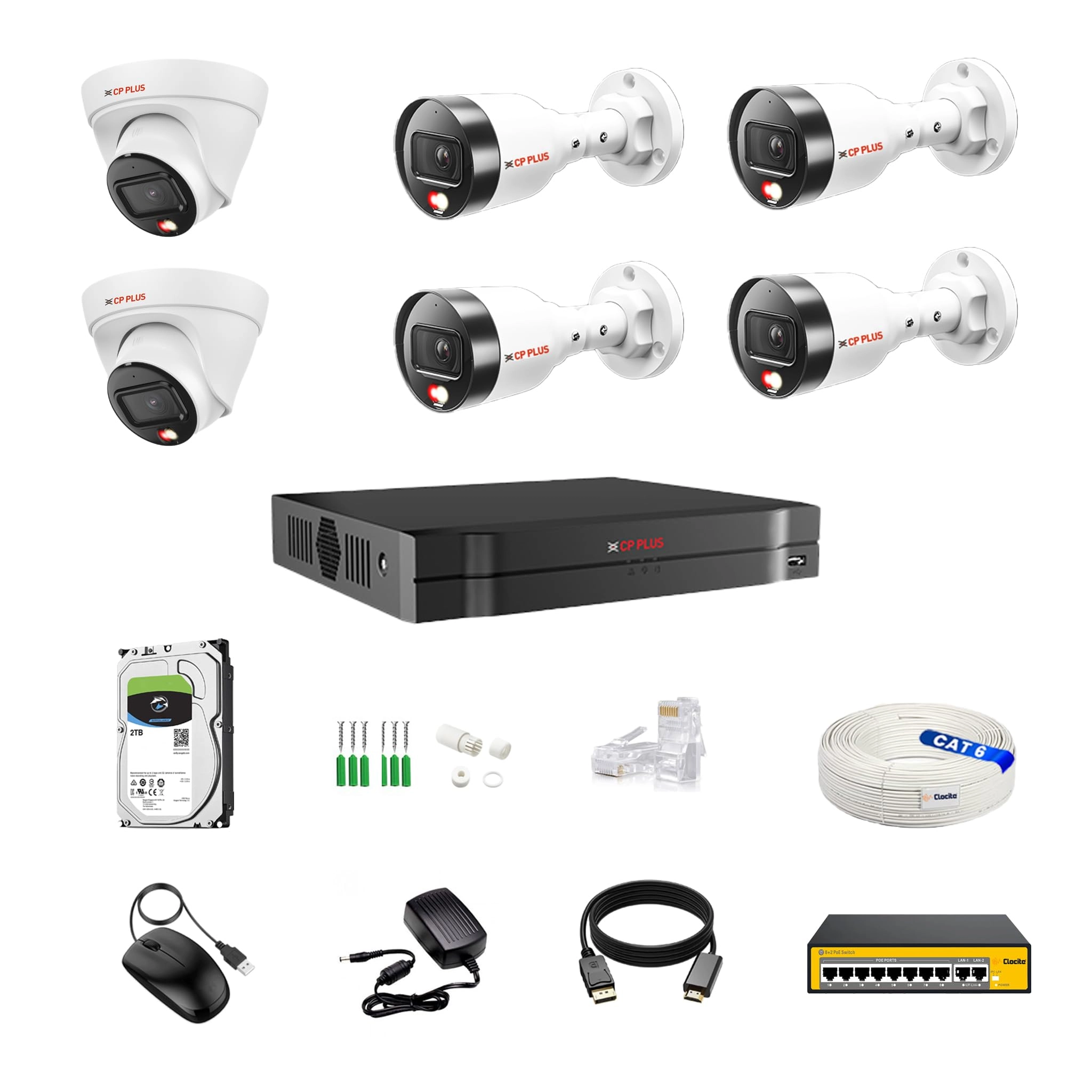 Aditya Infotech Ltd illumax 8 CH AI NVR + illumax Dome IP Camera - 4MP + Bullet IP Camera - 4MP + Hard Disk - 2 TB + POE Switch - 8+2 + CAT6 Cable