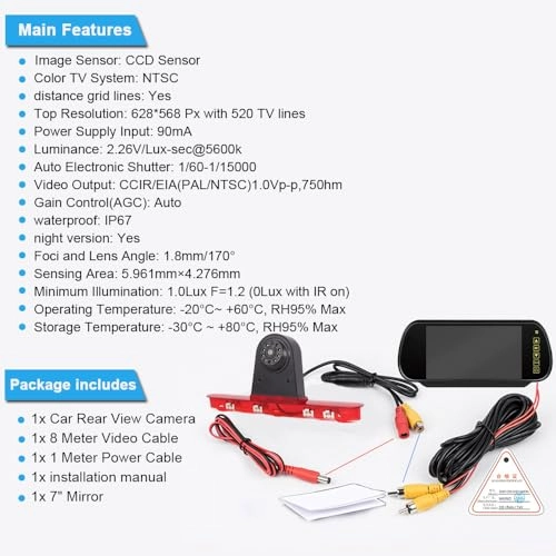 Brake Light Reversing Camera + Rear View Mirror Monitor - Night vision 628 x 586 pixels