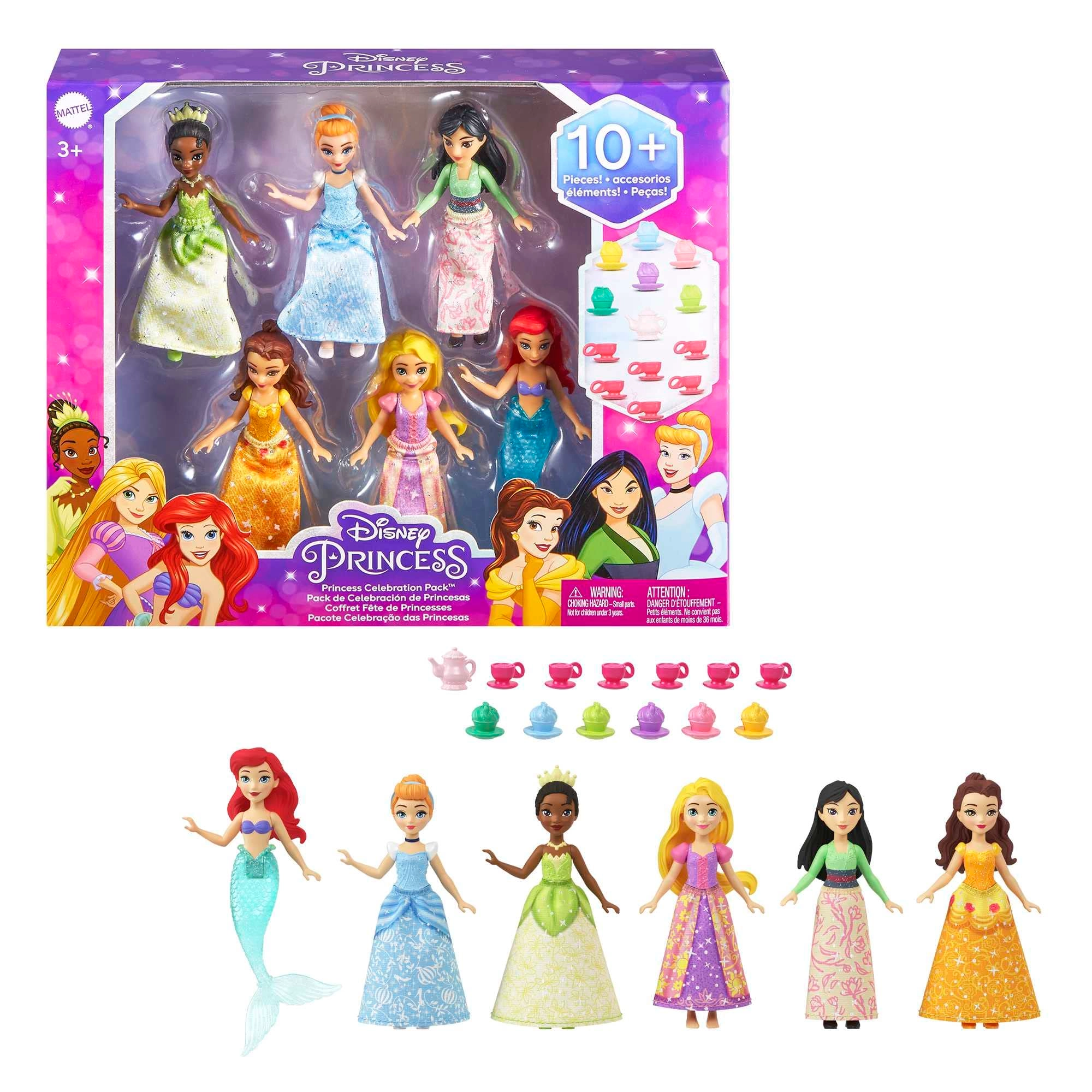 Mattel Disney Princess Small Dolls - 6 Posable 13 Tea Party Accessories Ages 3+