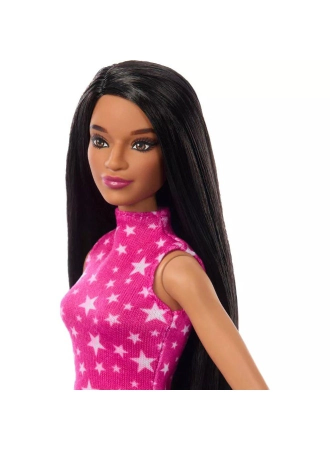 Barbie Fashionistas - Black Straight Hair Pink Star-Print Top Iridescent Skirt Ages 3+