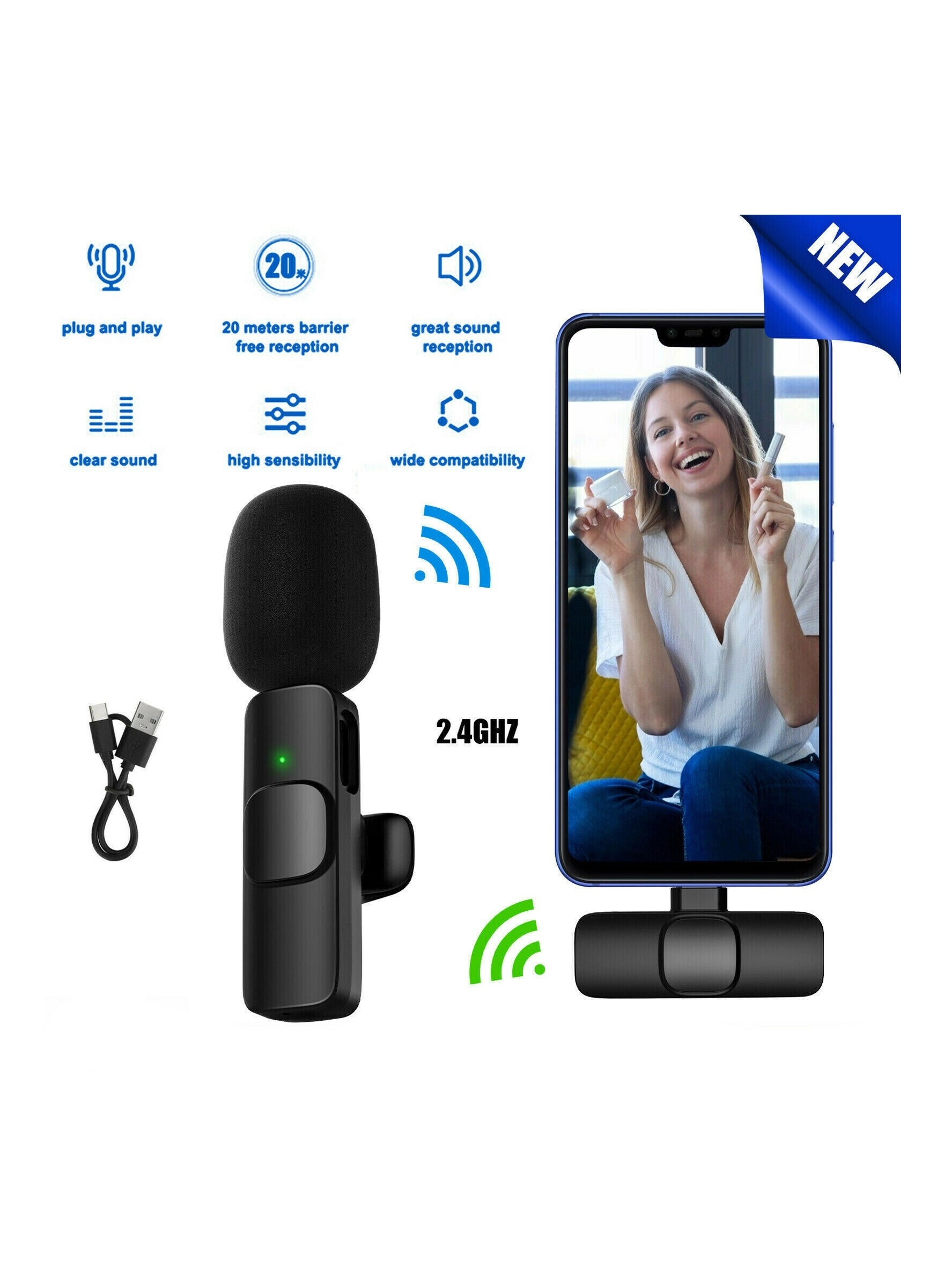 Wireless Lavalier Lapel Microphone - 2.4GHz