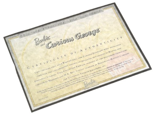 Barbie Keepsake Treasures - 11 1/2" doll Certificate of Authenticity + Curious George plush monkey - approx 3 3/4" tall