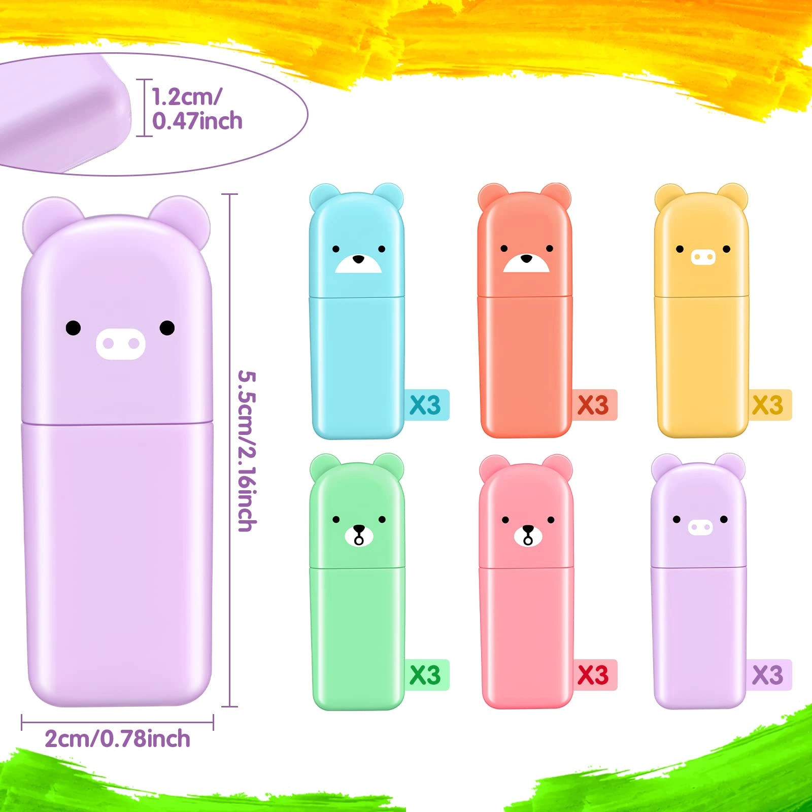 18 Pcs Cute Highlighter Pens - blue yellow green orange purple pink Chisel