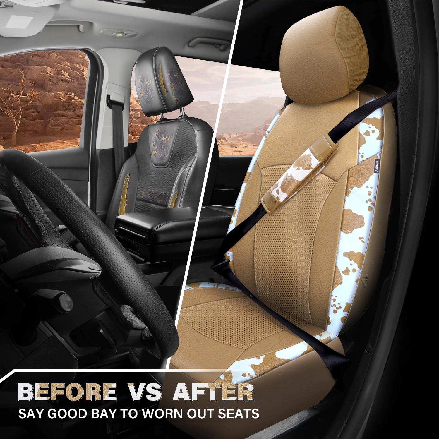 Car Seat Covers - Air Mesh Leather + Car Floor Mats - Waterproof + Steering Wheel Cover - Sporty