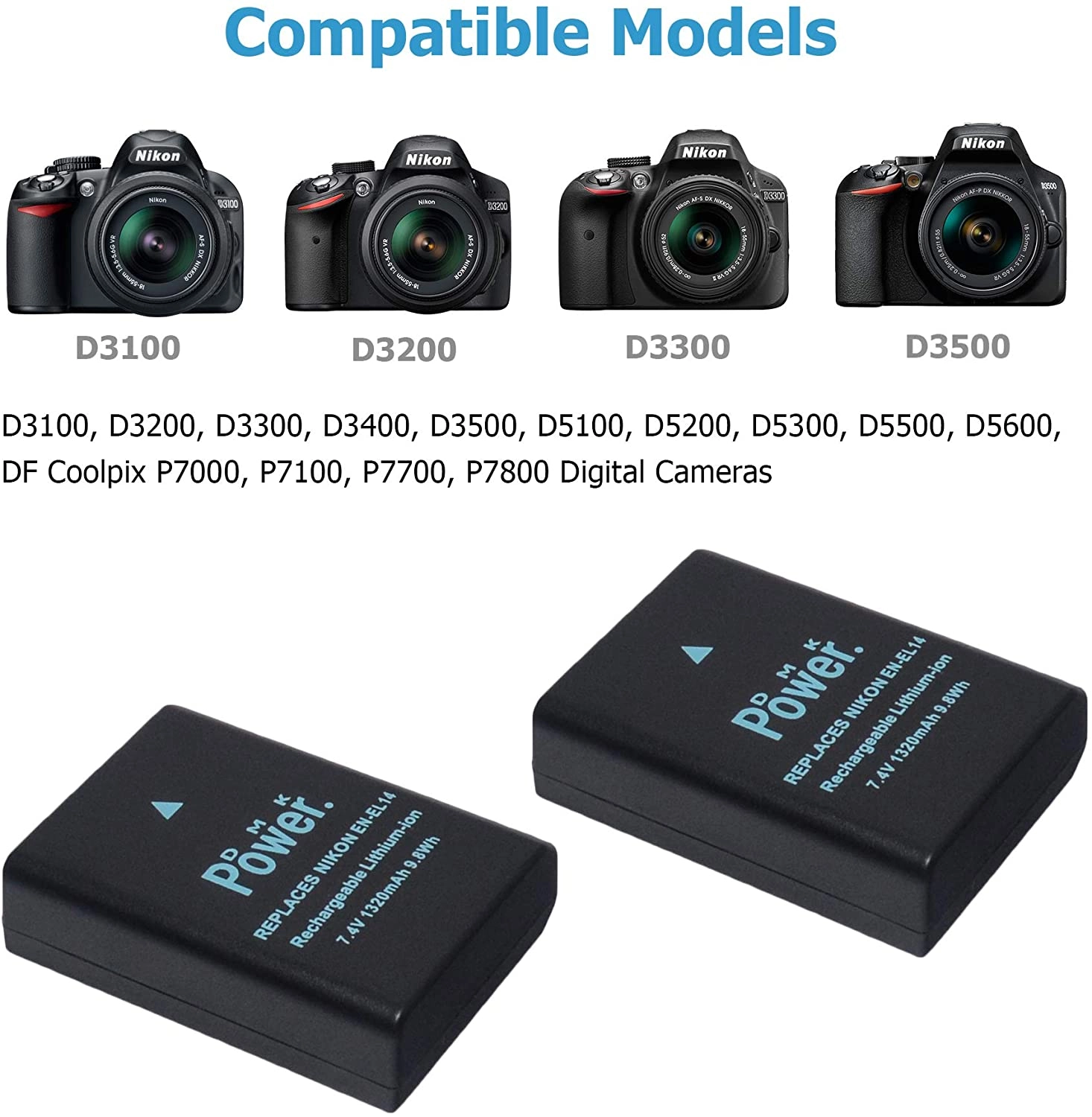 EN-EL14 EN-EL14A Replacement Battery - 2 Pack + Dual USB Charger