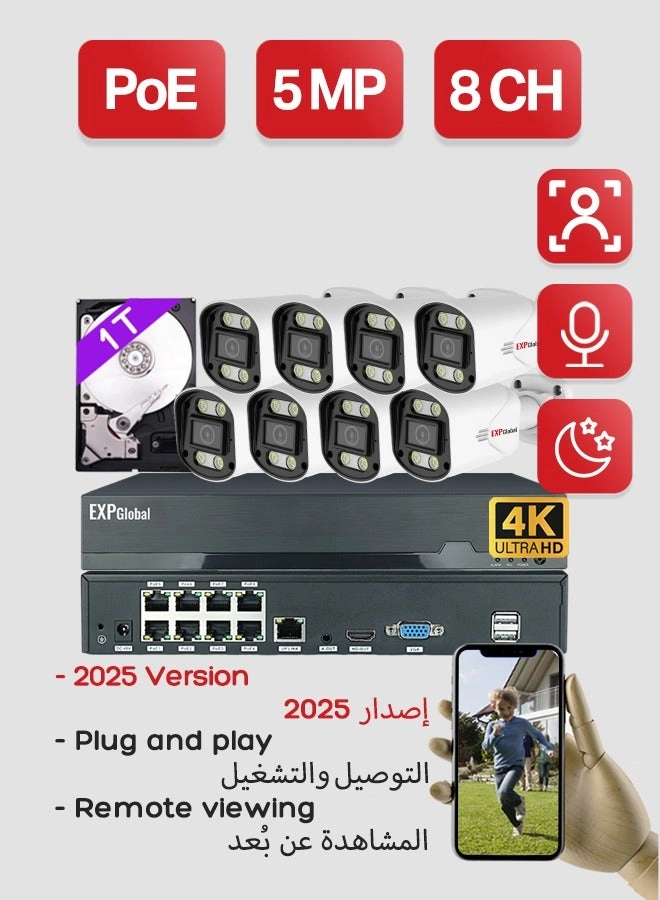 PNVR-804 - POE 8CH + Bullet Camera - 5MP Color Night Vision + Hard Drive - 1TB