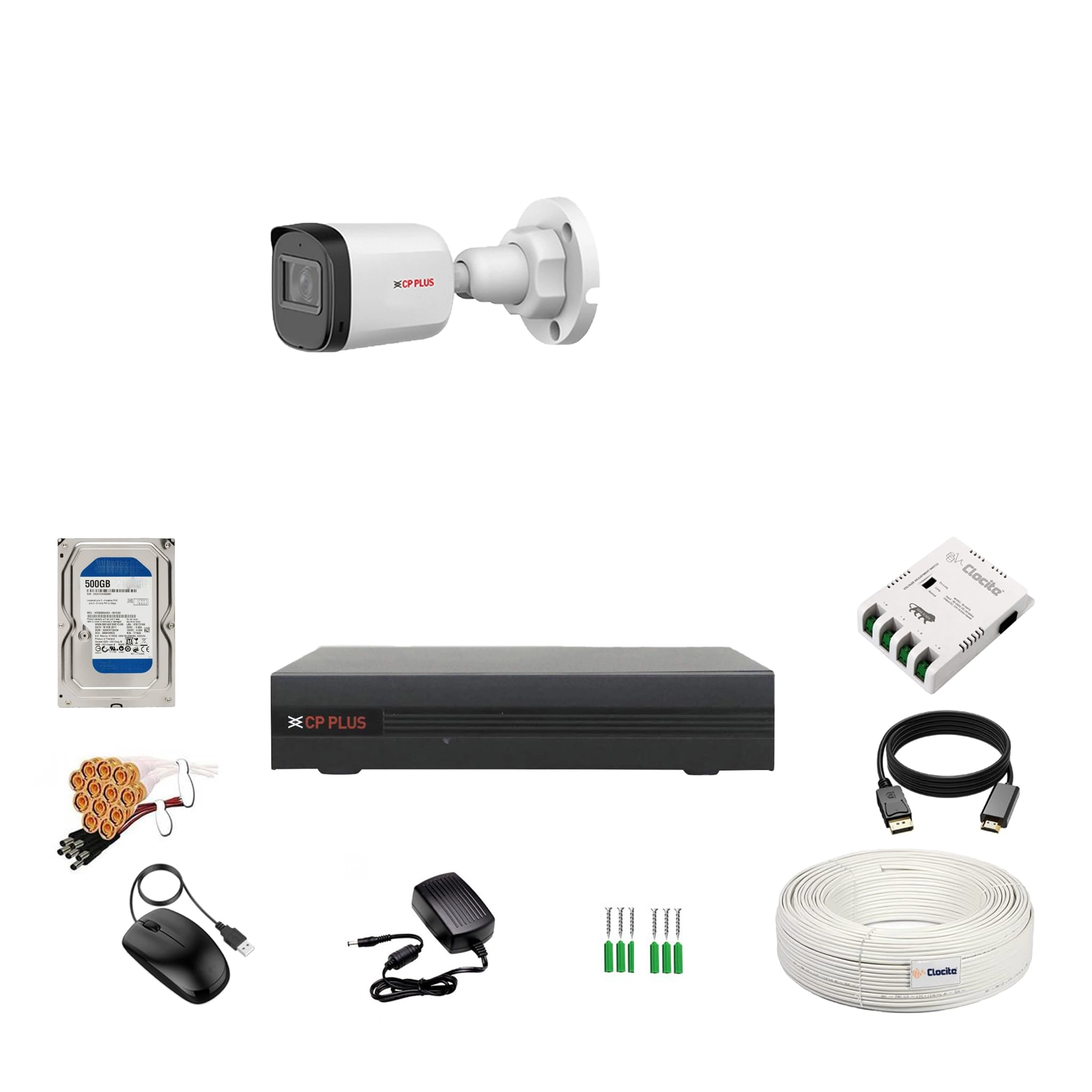 4 Channel DVR + Outdoor Camera - 2.4MP + Indoor Camera - 2.4MP + HDD - 500GB + SMPS - 4 Ch + CCTV Cable + USEWELL HDMI+BNC/DC Set