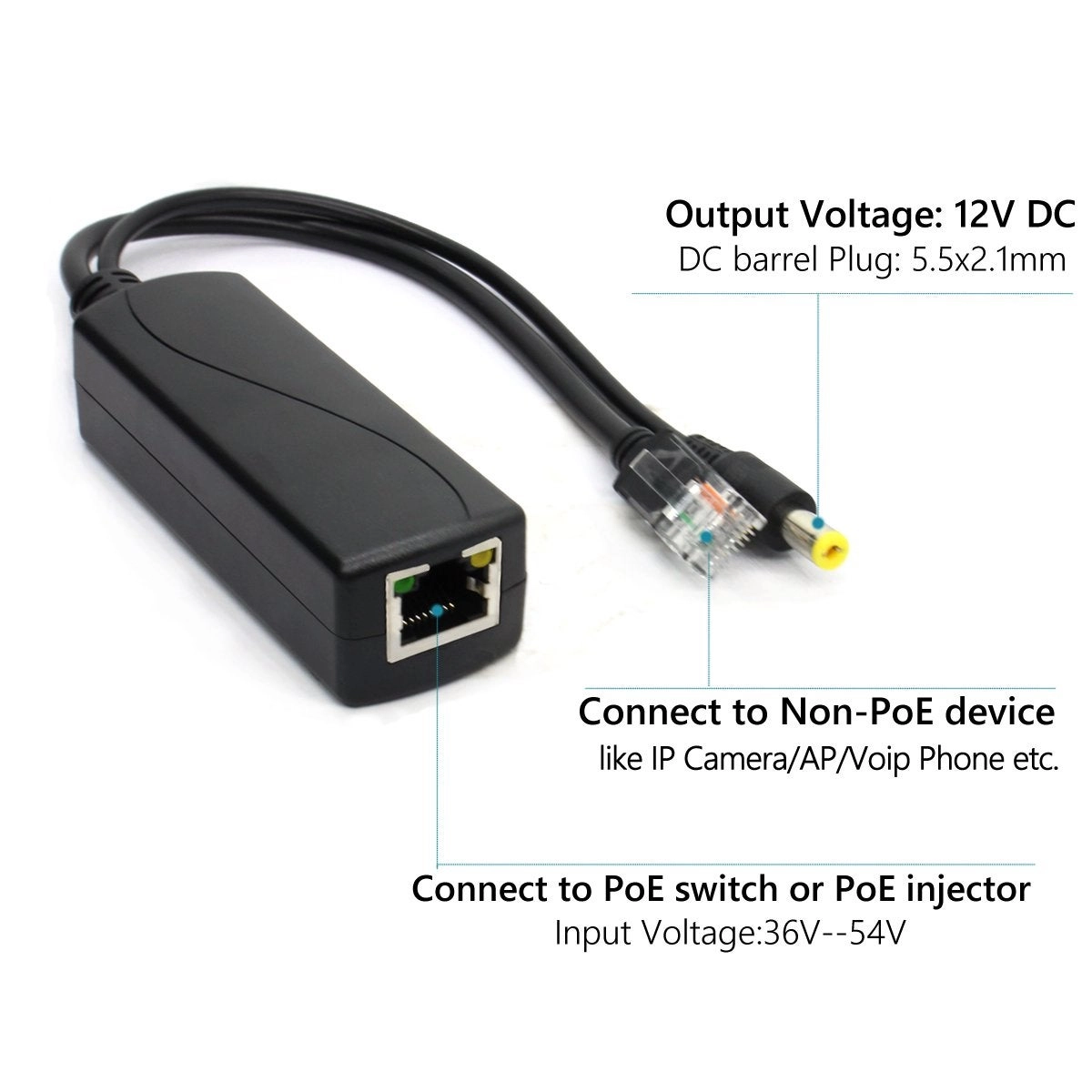 PoE Splitter Adapter - 48V to 12V IEEE 802.3af 10/100Mbps Pack