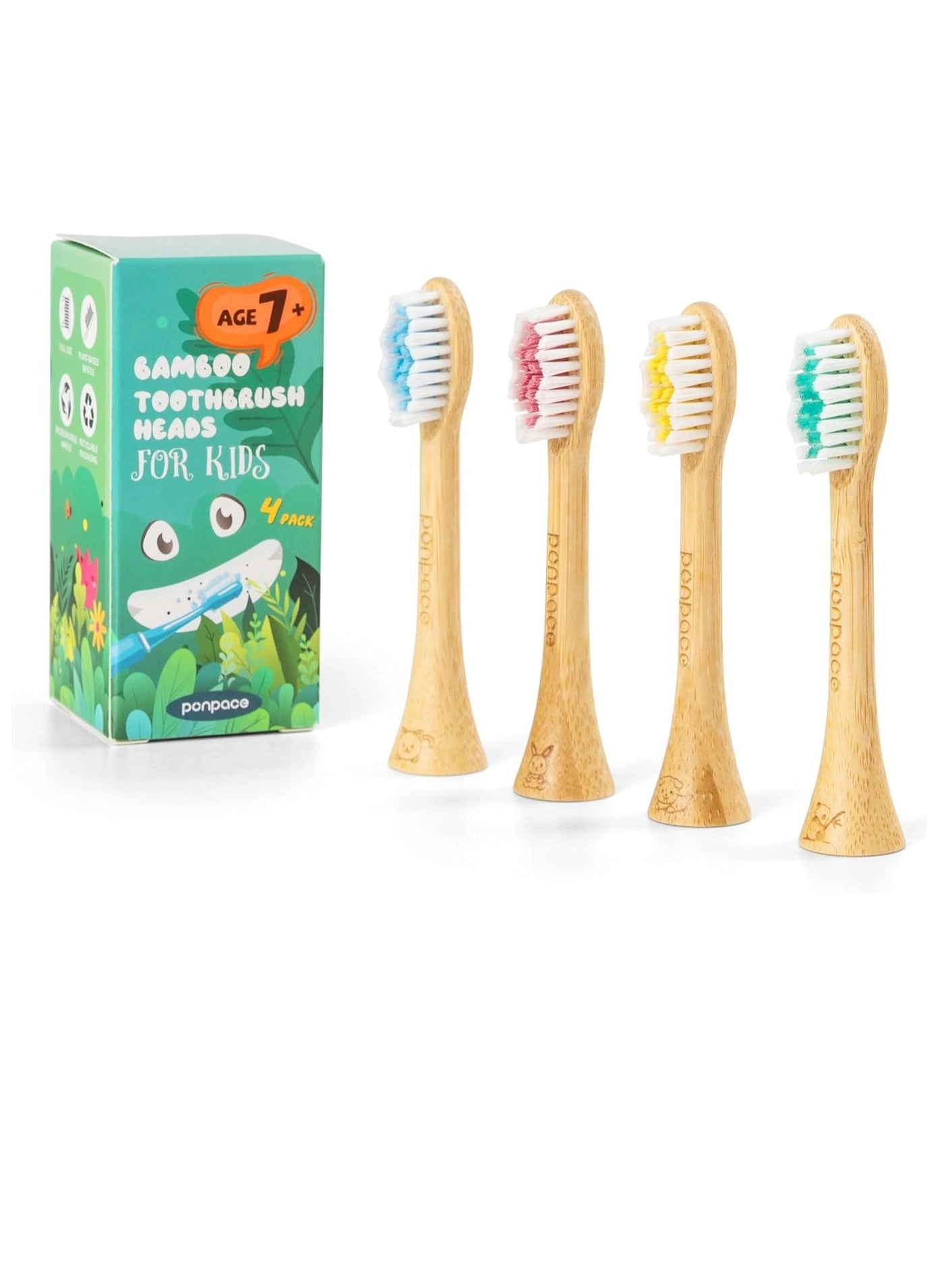 ponpace Toothbrush Replacement Heads - For Kids 7+ Bamboo Plant-Based Bristles