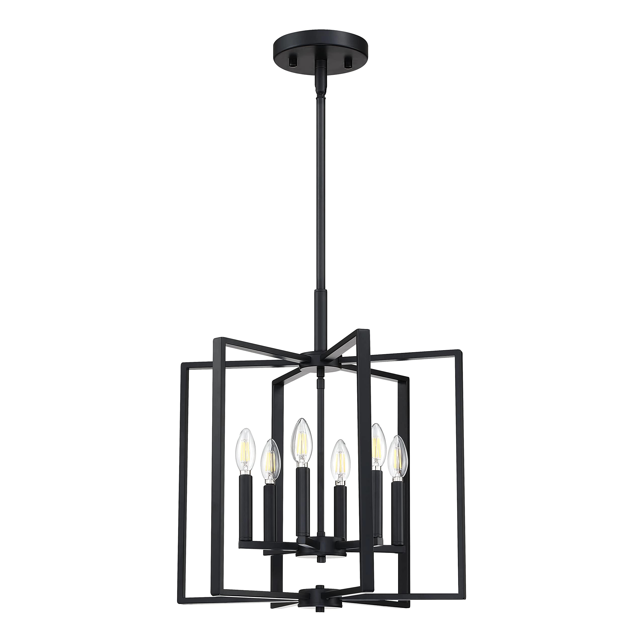 Rustic Farmhouse Hanging Kitchen Island Chandelier - 6 Light Pine Wood Black Metal Frame
