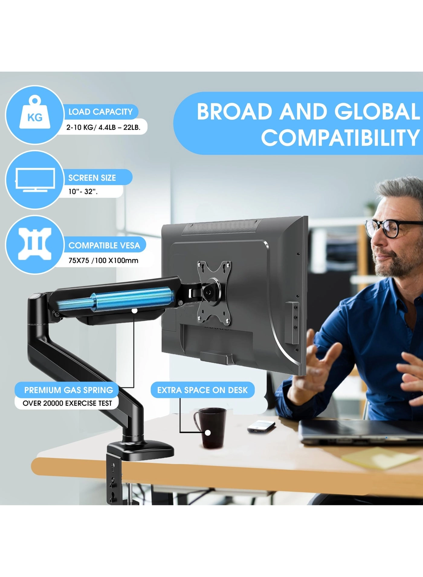 Monitor Mount Arm - Single 20 to 32 inches 75x75mm and 100x100mm