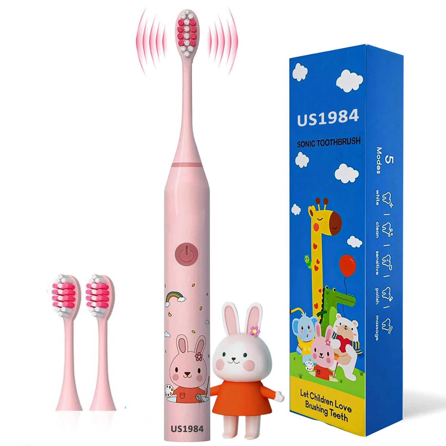 Kids Sonic Tooth Brush - 5 Modes 3 Brush Heads Rechargeable