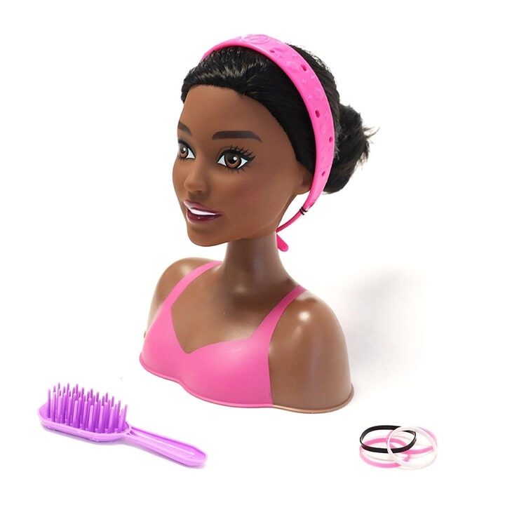 Barbie Mini Styling Head - 2pc Black Hair Pink Highlight Ages 3+ Set