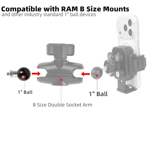 1" Ball Mount Adapter - 1/4"-20 Threaded Bolt B Size Double Socket Arm