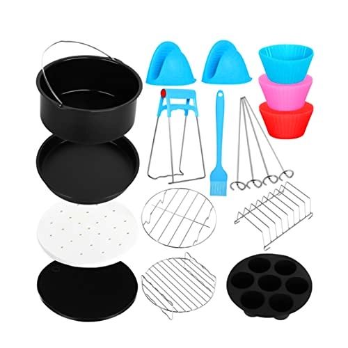 cake baking barrel + pizza pan + air fryer liners + silicone mat + cupcake pan + skewer rack + skewers + toast rack + metal holder + oil brush + plate gripper + silicone molds + silicone gloves - Stainless steel + silicone 12pcs/set