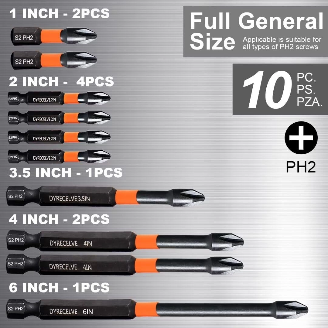 Phillips Bits #2 - 10-Pack Impact Magnetic 1-Inch to 6-Inch