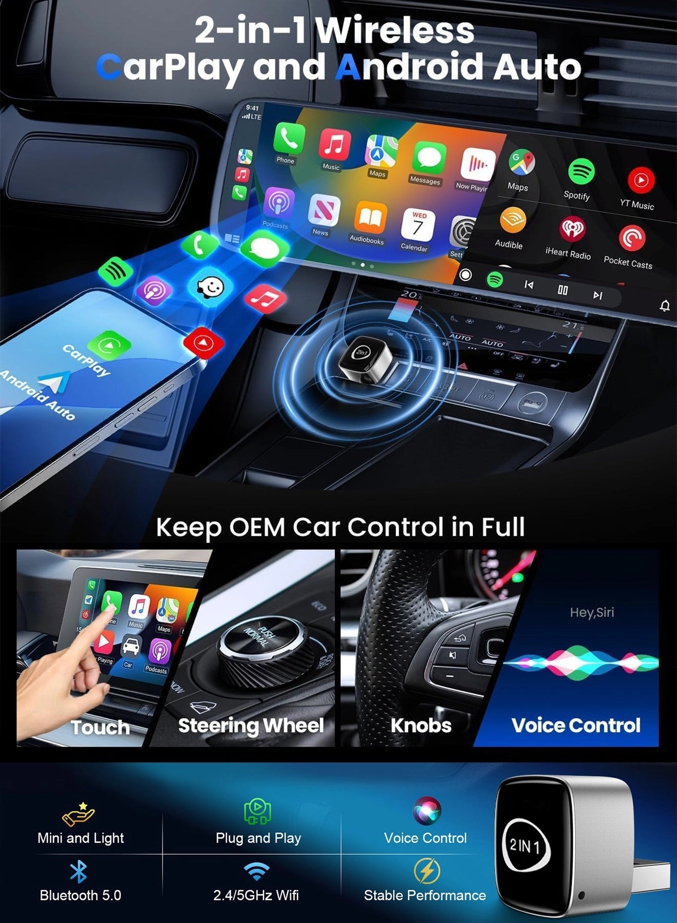 Wireless CarPlay & Android Auto Adapter - 2-in-1 Plug & Play Dual-Band