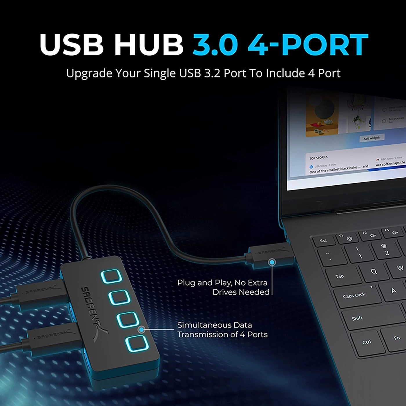 4 Port USB 3.0 Hub - Individual Power Switches 5V/2.5A Power Adapter