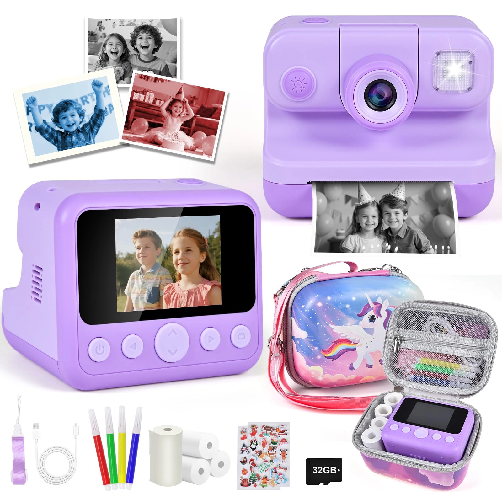 Elecoutek Kids Instant Print Camera - 30MP 1080P 32GB