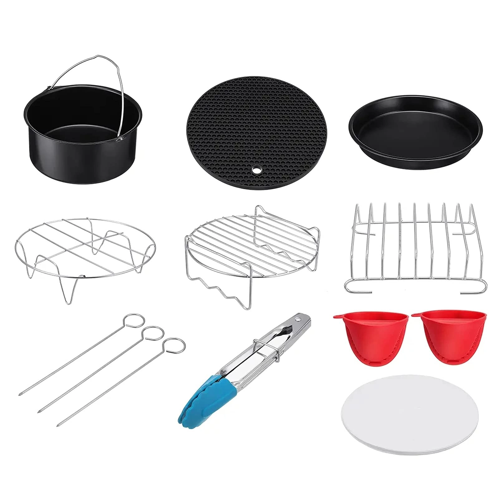 Cake Barrel + Pizza Pan + Silicone Mat + Metal Holder + Skewer Rack + Bread Shell + Food Tong + Silicone Mini Mitt Glove + Perforated Parchement Paper - Silicone Stainless Steel Carbon Steel 9 Pcs