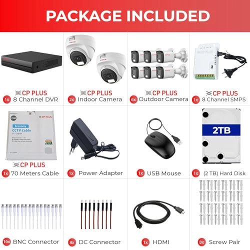 8 Channel Turbo HD DVR + 2 MP Outdoor Camera - 2.4 MP + 2 MP Indoor Camera - 2.4 MP + 8 Channel Power Supply + 70 Meters Cable + 2 TB Hard Drive - 2 TB + BNC & DC Connectors + HDMI Cable