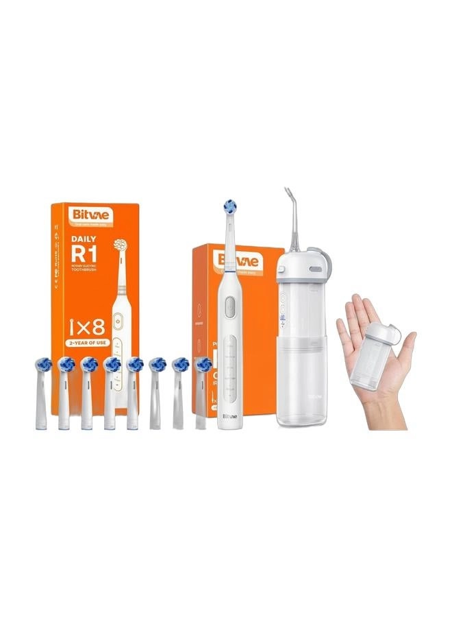 R1 - Rotary Electric Toothbrush + Portable Water Flosser + P1 - Mini Dental Floss and Water Floss Pick + Cordless Telescopic Tank Oral Irrigator + Waterproof Cleaner - IPX7 + Travel Tooth Brush Companion