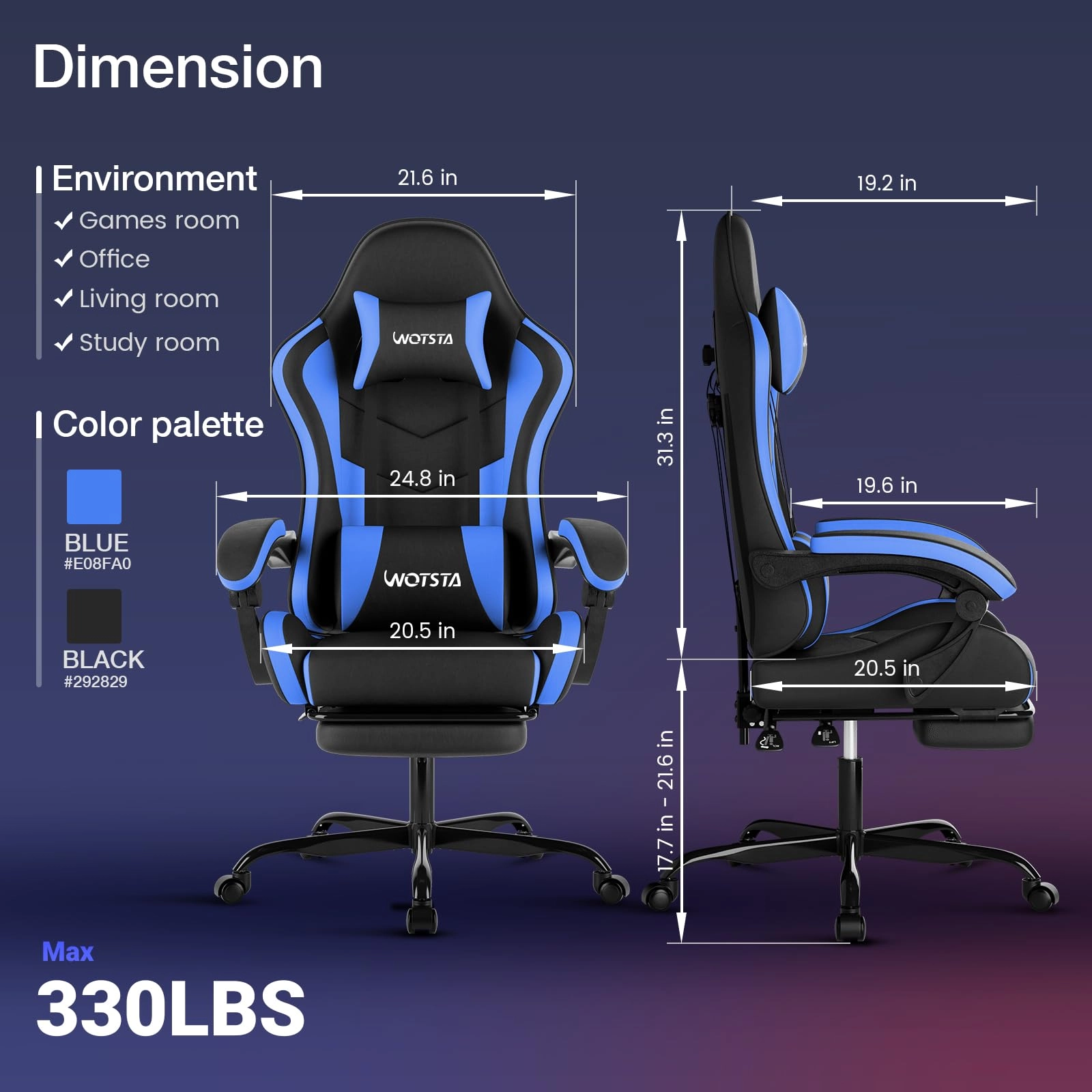 Gaming Chair - Footrest Ergonomic Black Blue